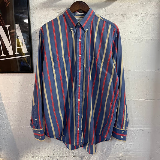Vintage 90’s Burberrys Vertical Striped Long Sleeve Button Down Shirt - Size Large - Made In USA - Blue/Red/Yellow
