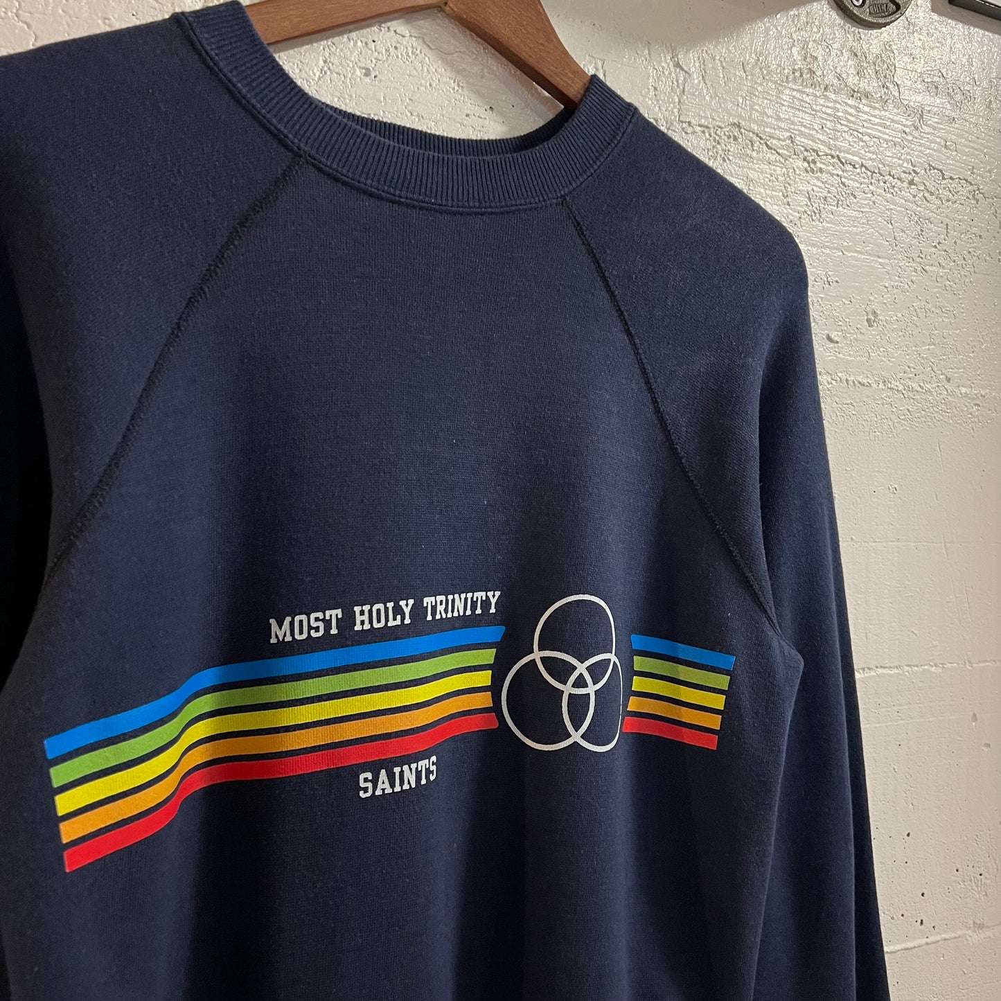 Vintage 70’s/80’s Most Holy Trinity Saints Raglan Sleeve Crewneck Sweatshirt - Size Medium - Made In USA - Navy/White/Multi