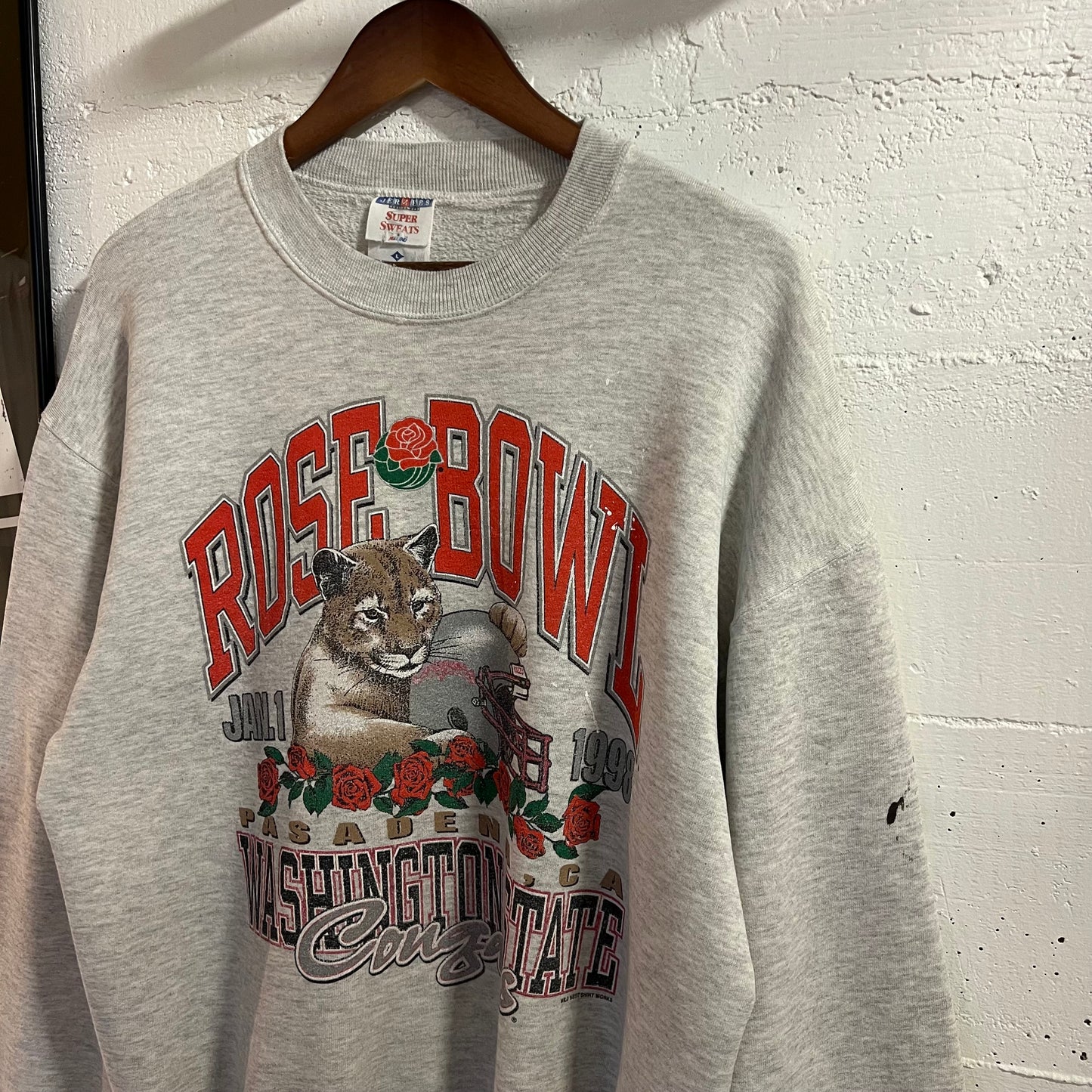 Vintage 1998 Distressed Washington State Cougars ‘Rose Bowl’ Graphic Crewneck Sweatshirt - Size Large - Made In USA - Heather Grey/Multi