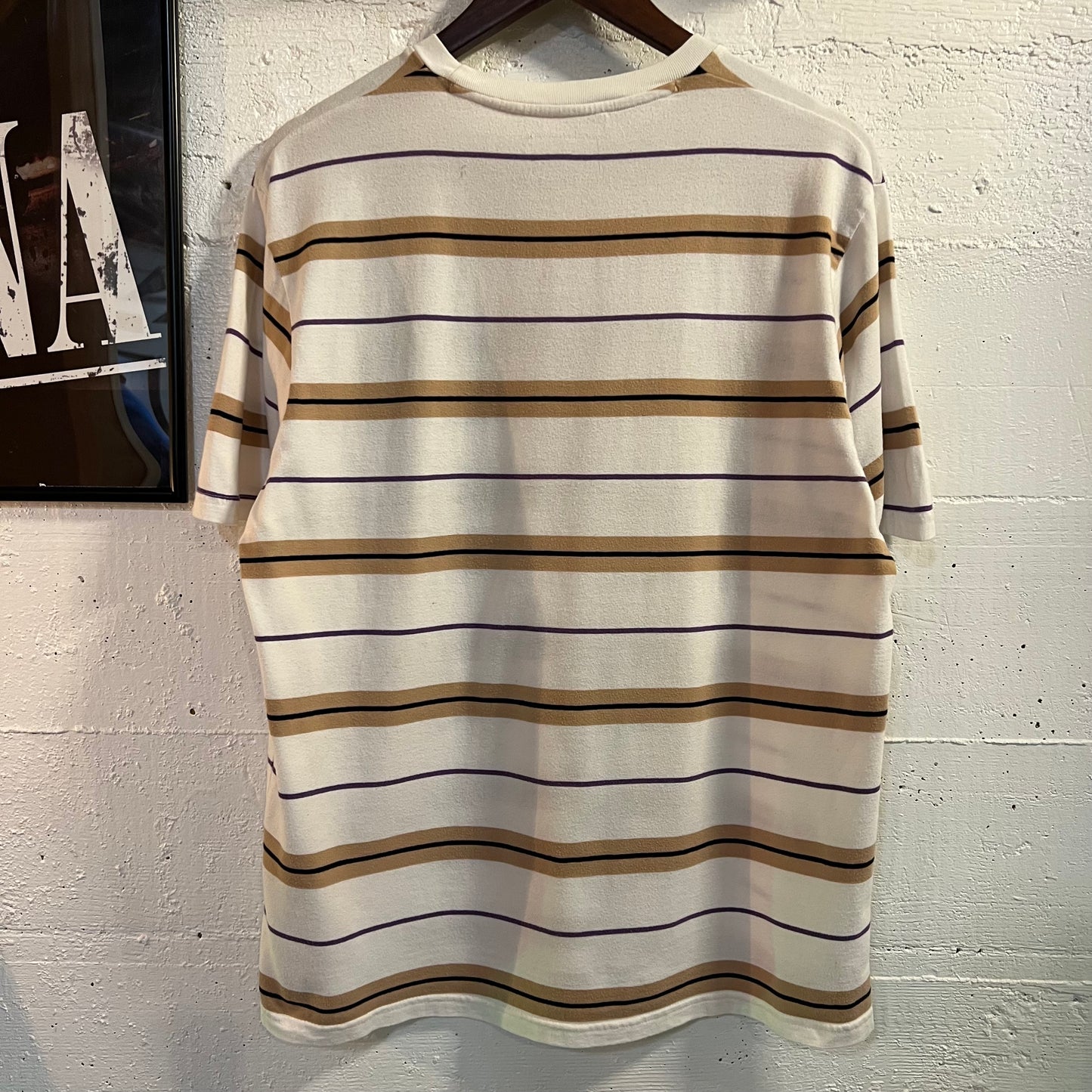 *Pre-Owned* Stüssy Embroidered Logo Striped Pocket T-Shirt - Size Medium - White/Beige/Violet