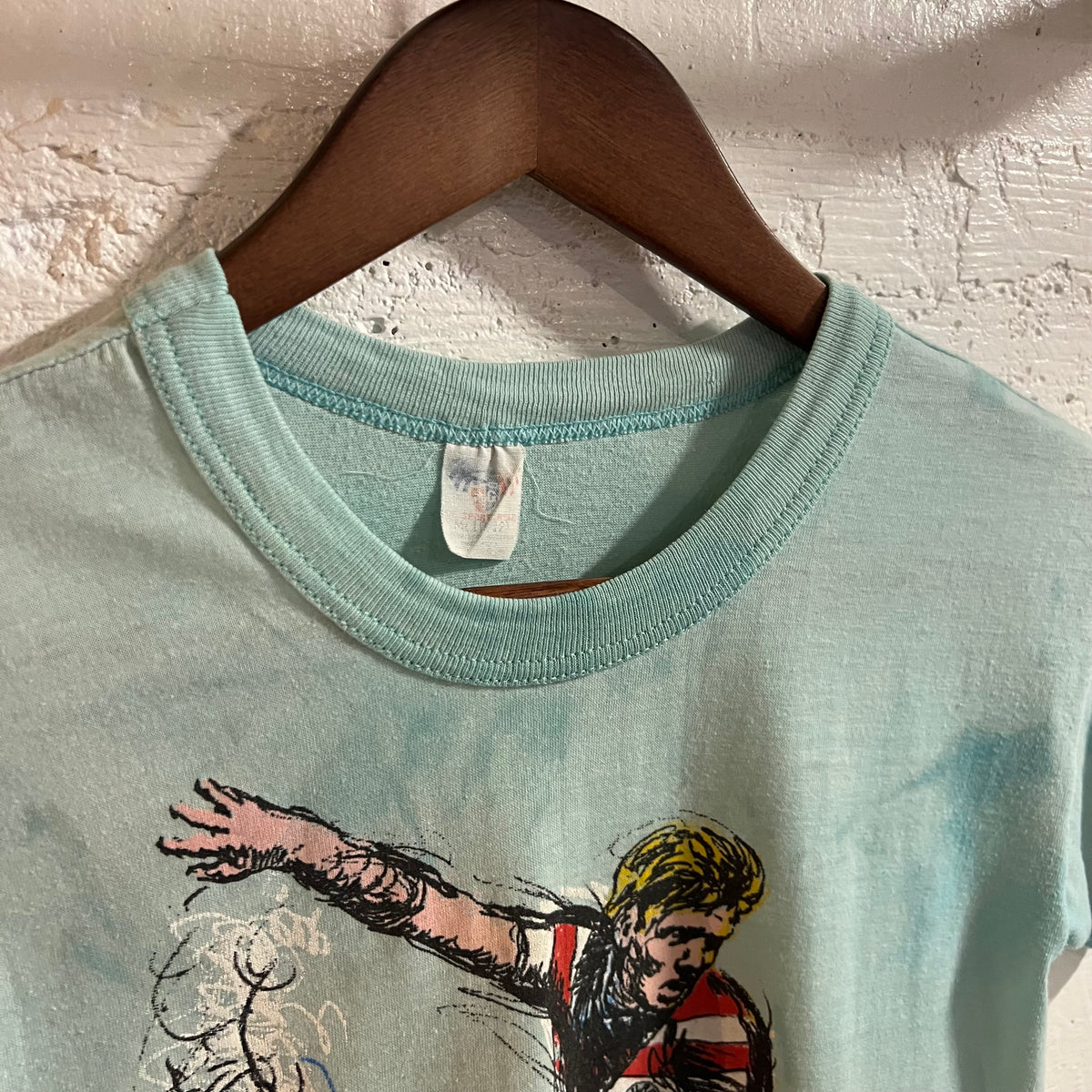Vintage Distressed 80’s Surfing Single Stitch Graphic Baby T-Shirt - Size Youth Medium - Made In USA - Baby Blue/Multi