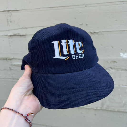 Vintage 1980's Miller Lite Beer Corduroy Leather Strapback Hat - O/S - Navy/Yellow