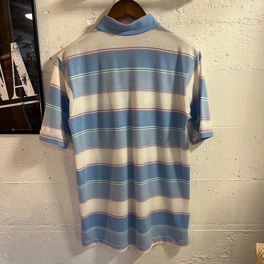 Vintage 80’s/90’s Arrow Tournament Short Sleeve Pocket Striped Polo Shirt - Size Medium - Blue/White/Pink
