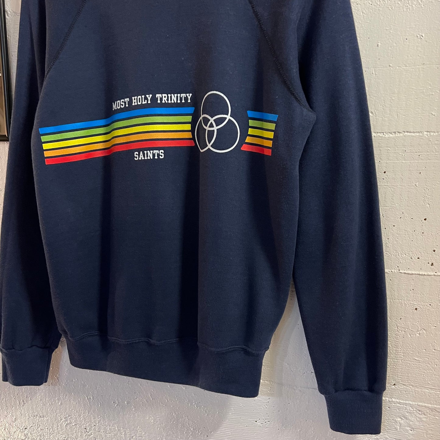 Vintage 70’s/80’s Most Holy Trinity Saints Raglan Sleeve Crewneck Sweatshirt - Size Medium - Made In USA - Navy/White/Multi