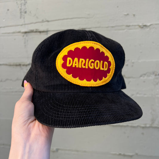 Vintage 70's/80's Darigold Patch Embroidered Corduroy K-Brand/K-Products Adjustable Snapback Hat - O/S - Made In USA - Black/Gold/Crimson