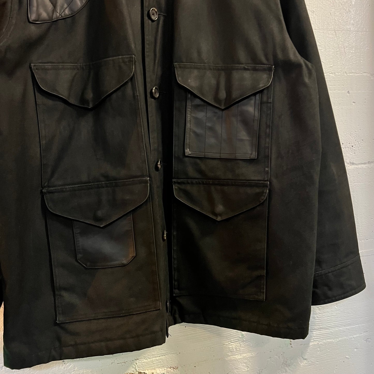 Vintage 90's Polo Ralph Lauren Waxed Canvas & Leather Hunting Jacket - Size Large - Black/Black