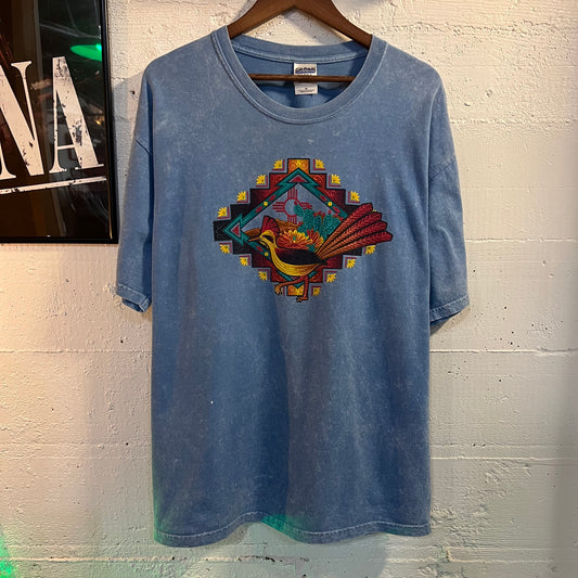 Vintage Southwestern Roadrunner Puff Print Pigment Dyed T-Shirt - Size XL - Blue/Multicolor