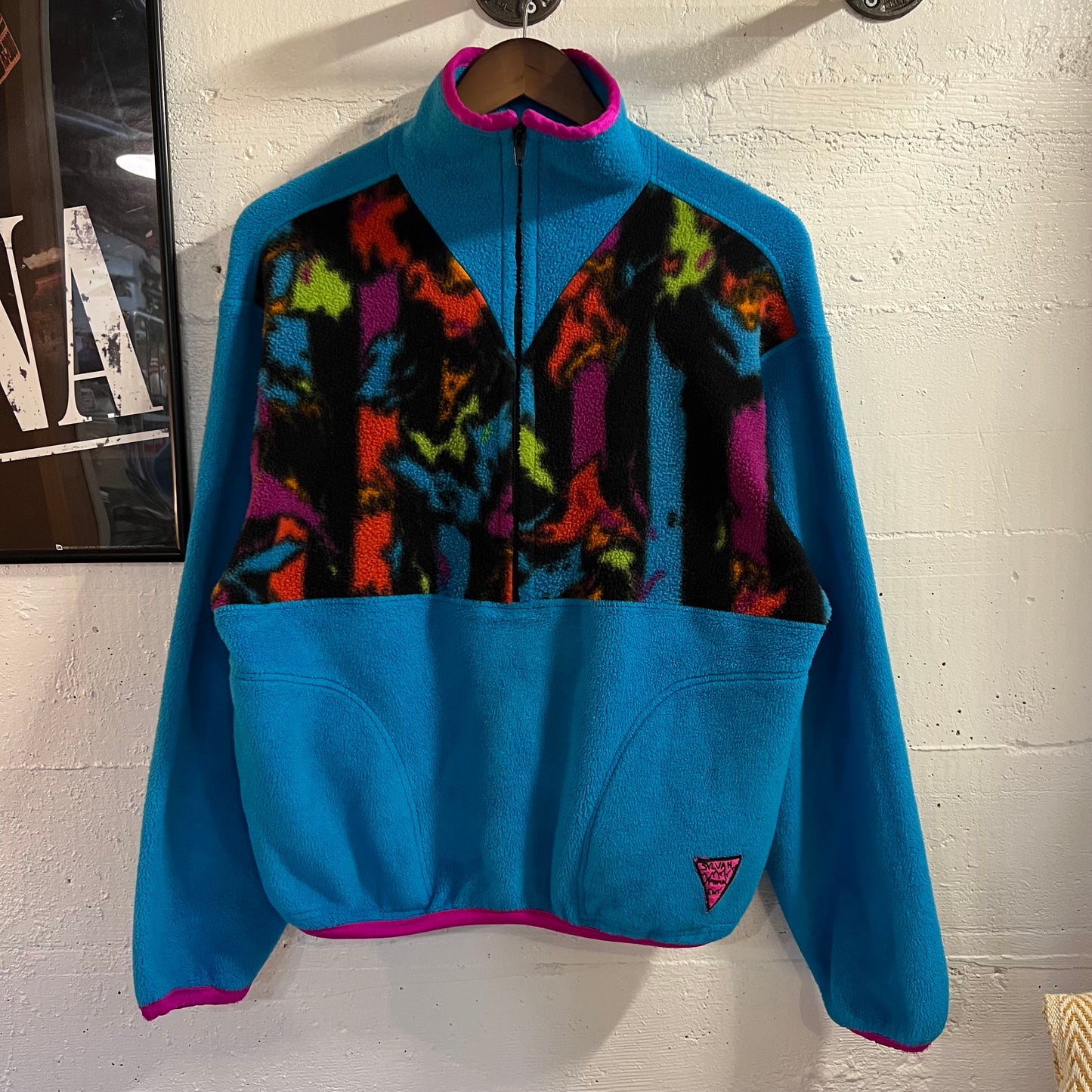 Vintage 80’s Sylvan Peak Ent. 1/4 Zip Fleece Pull Over Jacket - Size Medium - Made In USA - Blue/Black/Pink/Multi