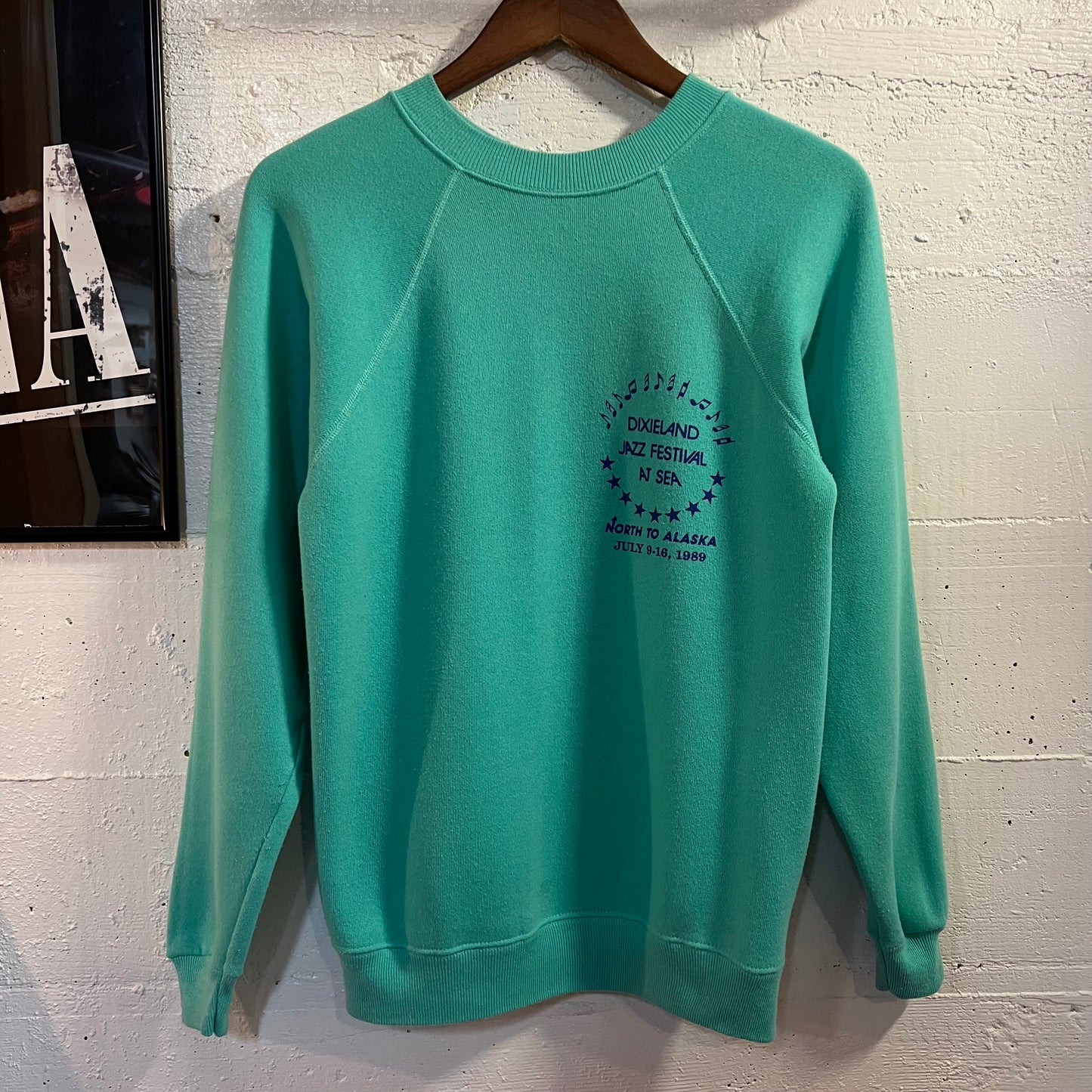 Vintage 1989 Dixieland Jazz Festival At Sea Raglan Crewneck Sweatshirt - Size Small - Made In USA - Mint Green/Indigo