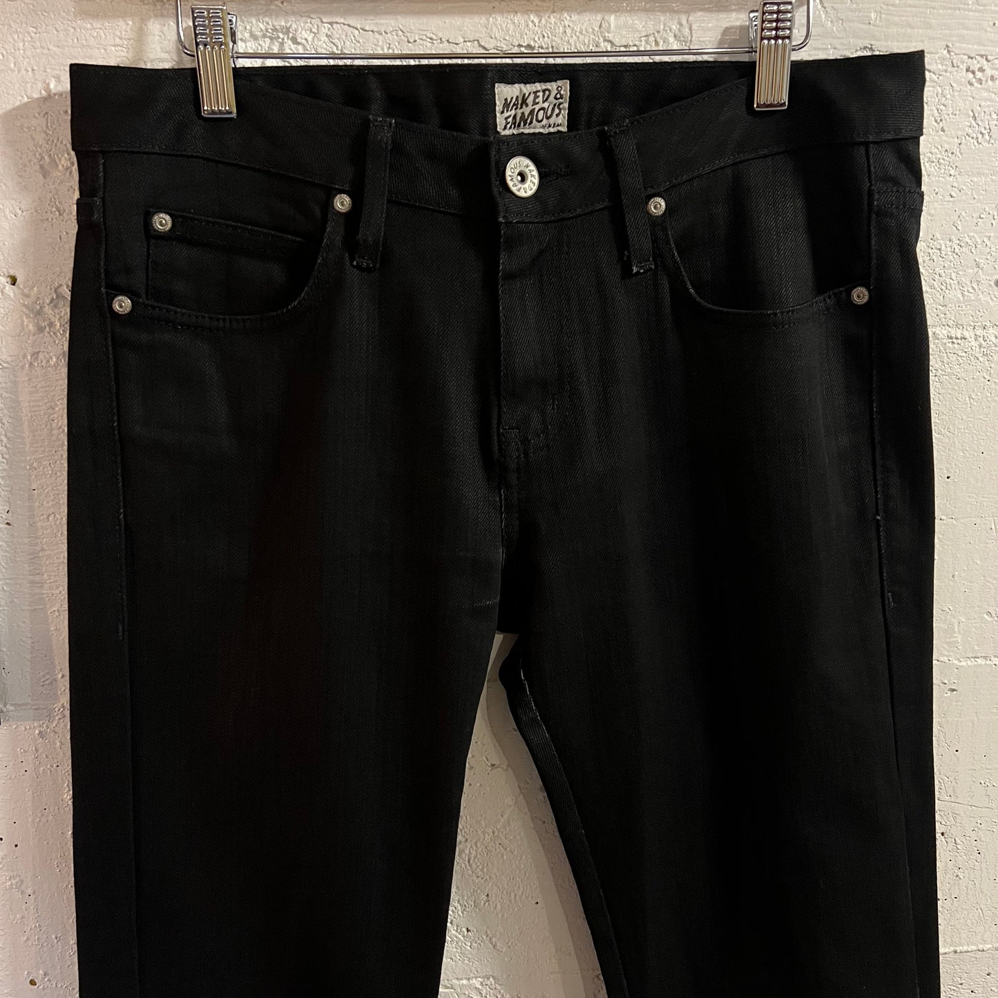 Pre-Owned Naked & Famous Denim Skinny Guy 'Black Power Stretch' Denim Jeans - Size 32" x 29" - Made In Canada - Black