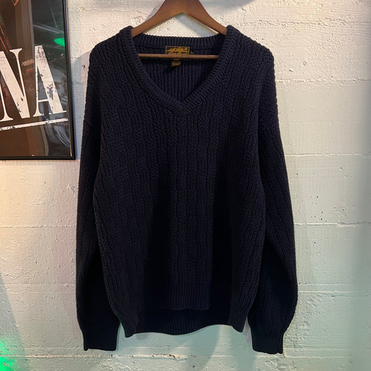 Vintage Eddie Bauer Cotton Knit V-Neck Sweater - Size Large - Navy - 100% Cotton