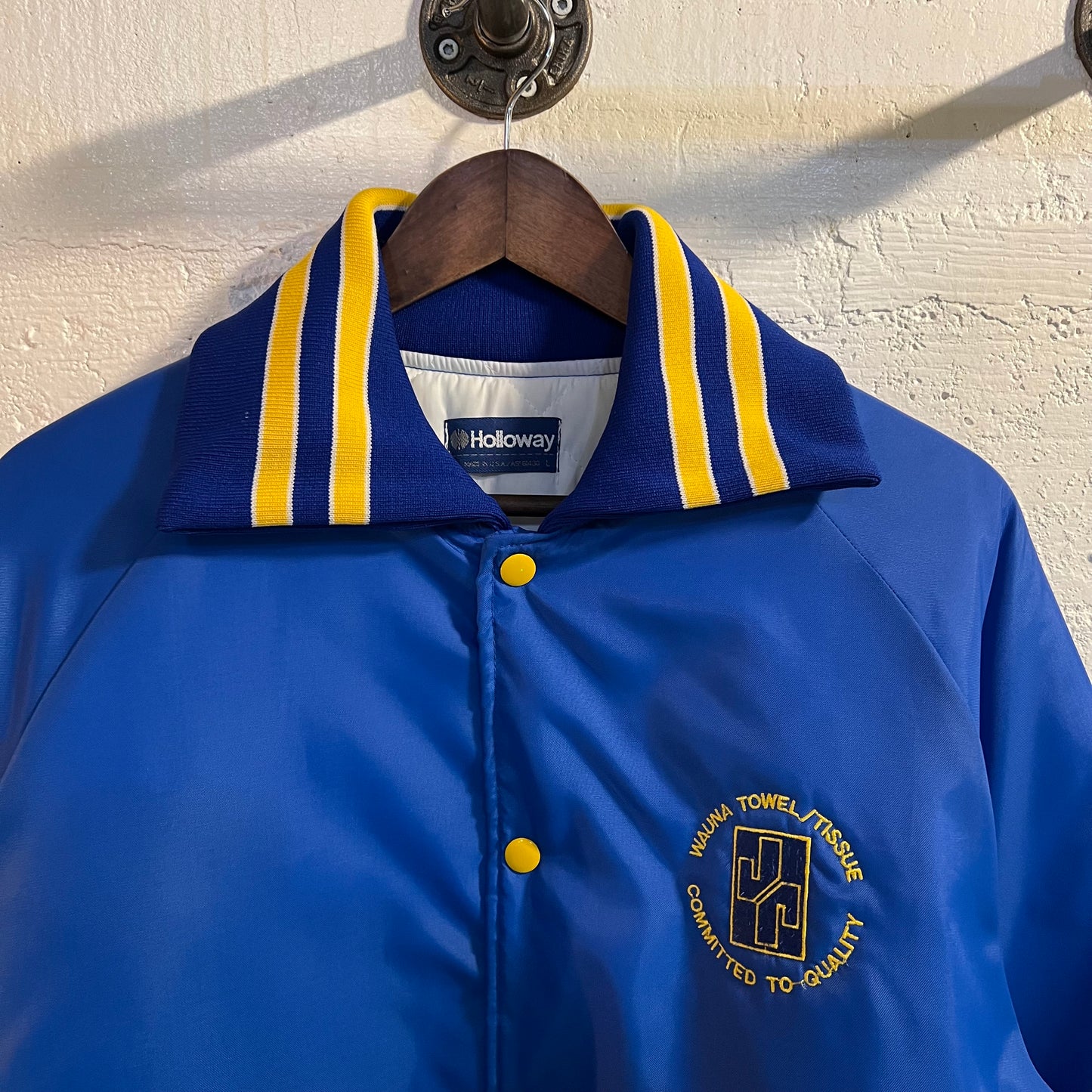 Vintage 90's Fold Down Collar Satin Bomber Jacket 'James River-Wauna Mill' - Size Large - Made In USA - Blue/Yellow