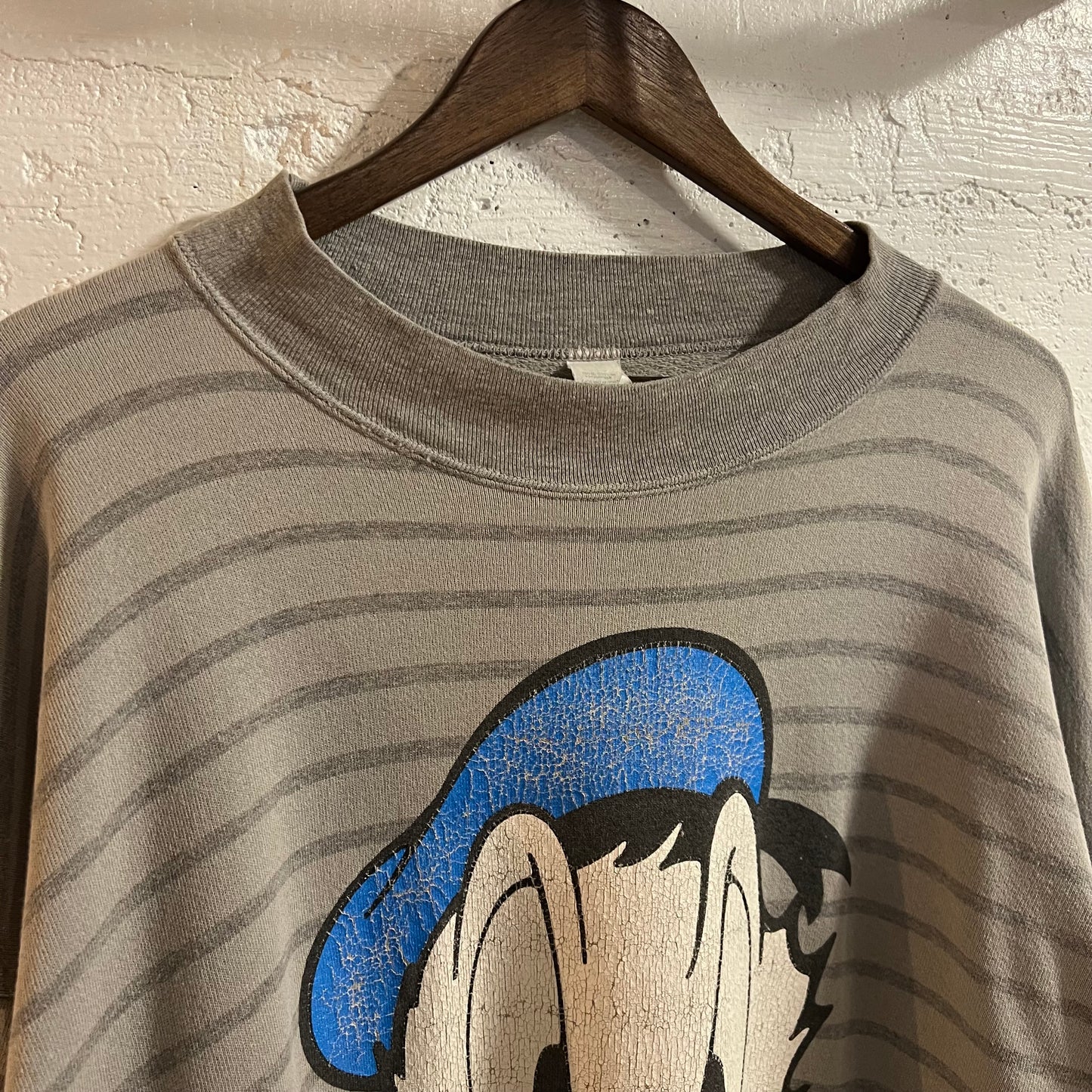 Vintage Distressed Disney Donald Duck Striped Mock Neck Crewneck Sweatshirt - Size XL/XXL - Made In USA - Grey/Multi