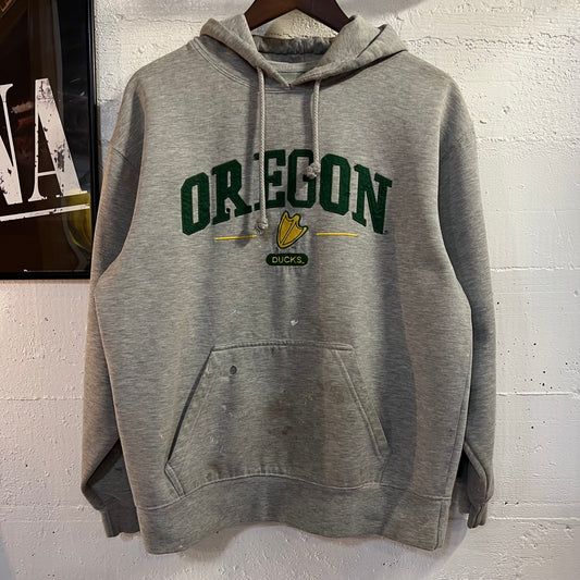 Vintage Distressed University Of Oregon Ducks Hoodie Sweatshirt - Size Medium - Heather Grey/Green/Yellow