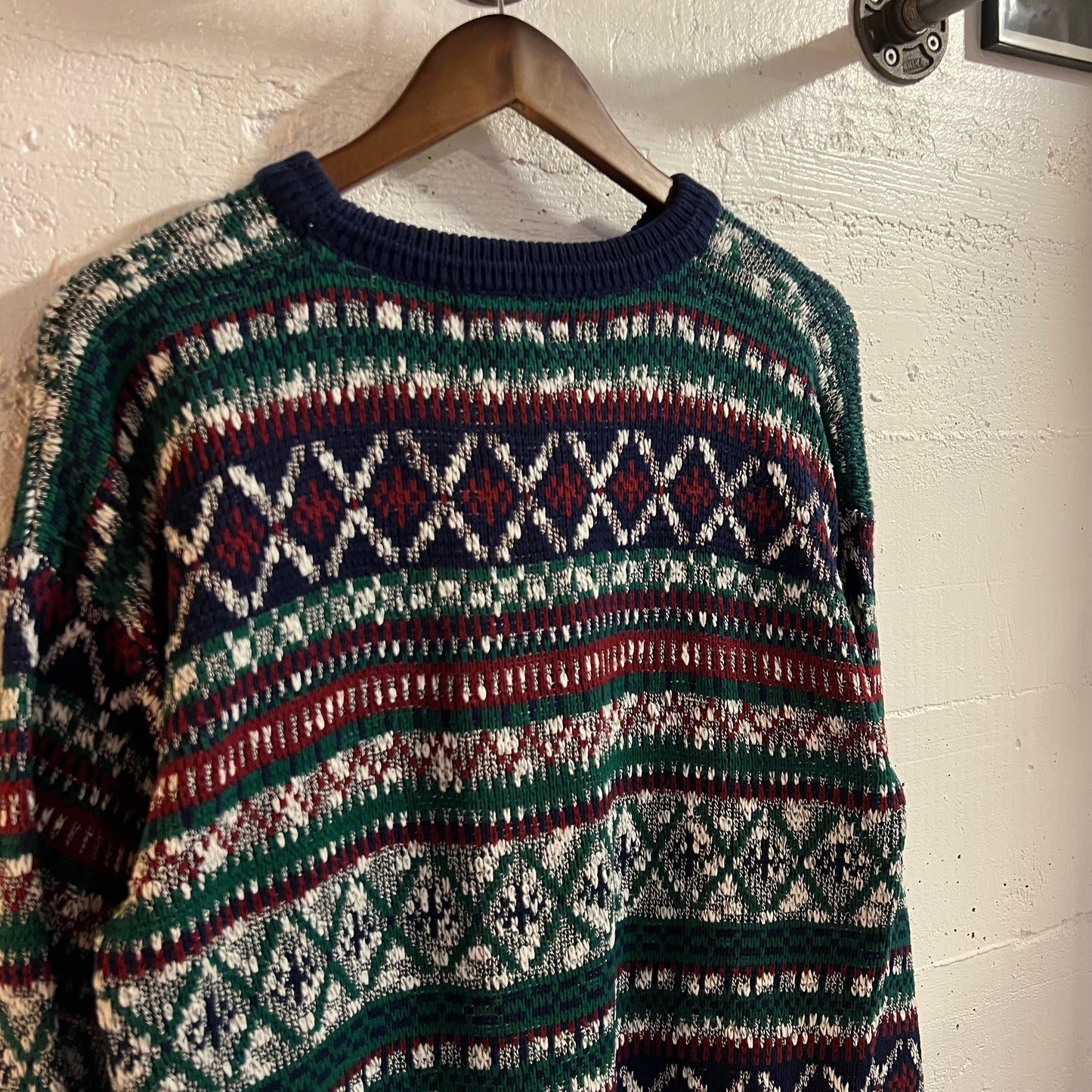 Vintage 80’s/90’s The Men’s Store At Sears Abstract Patterned Knitted Sweater - Size Large - Navy/Red/White/Green