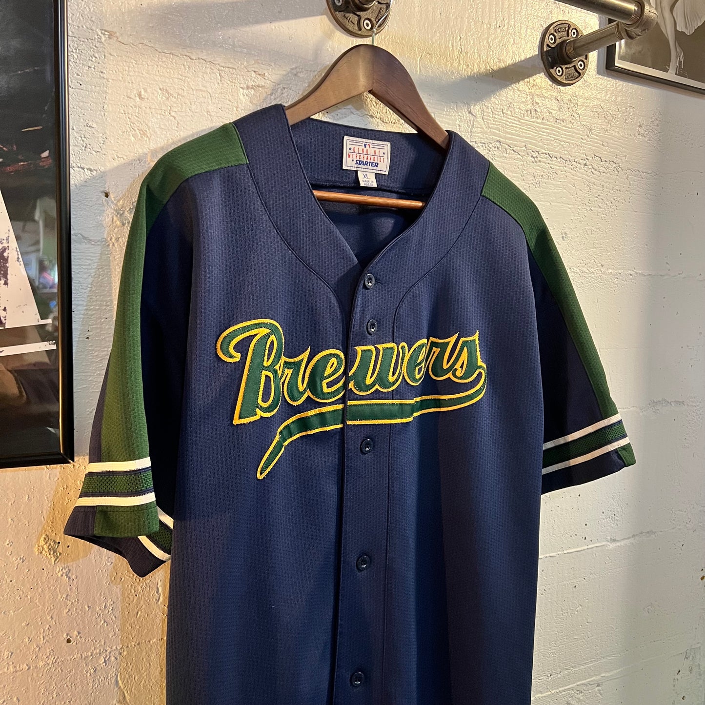 Vintage 90's Milwaukee Brewers Starter Stitched Baseball Jersey - Size XL - Navy/Green/Yellow