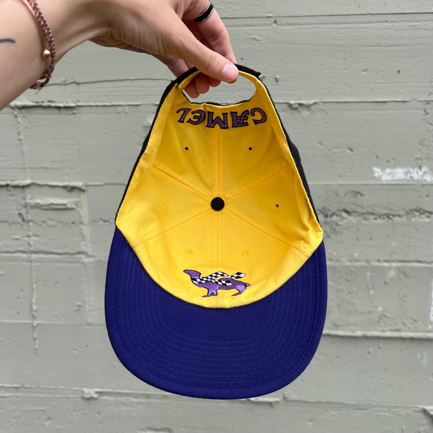 Vintage 90's Smokin Joe Camel Racing Reversible Strapback Hat - O/S - Black/Purple/Yellow