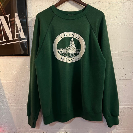 Vintage 90's Irish Beach Oval Logo Raglan Sleeve Crewneck Sweatshirt - Size XL - Made In USA - Forest Green