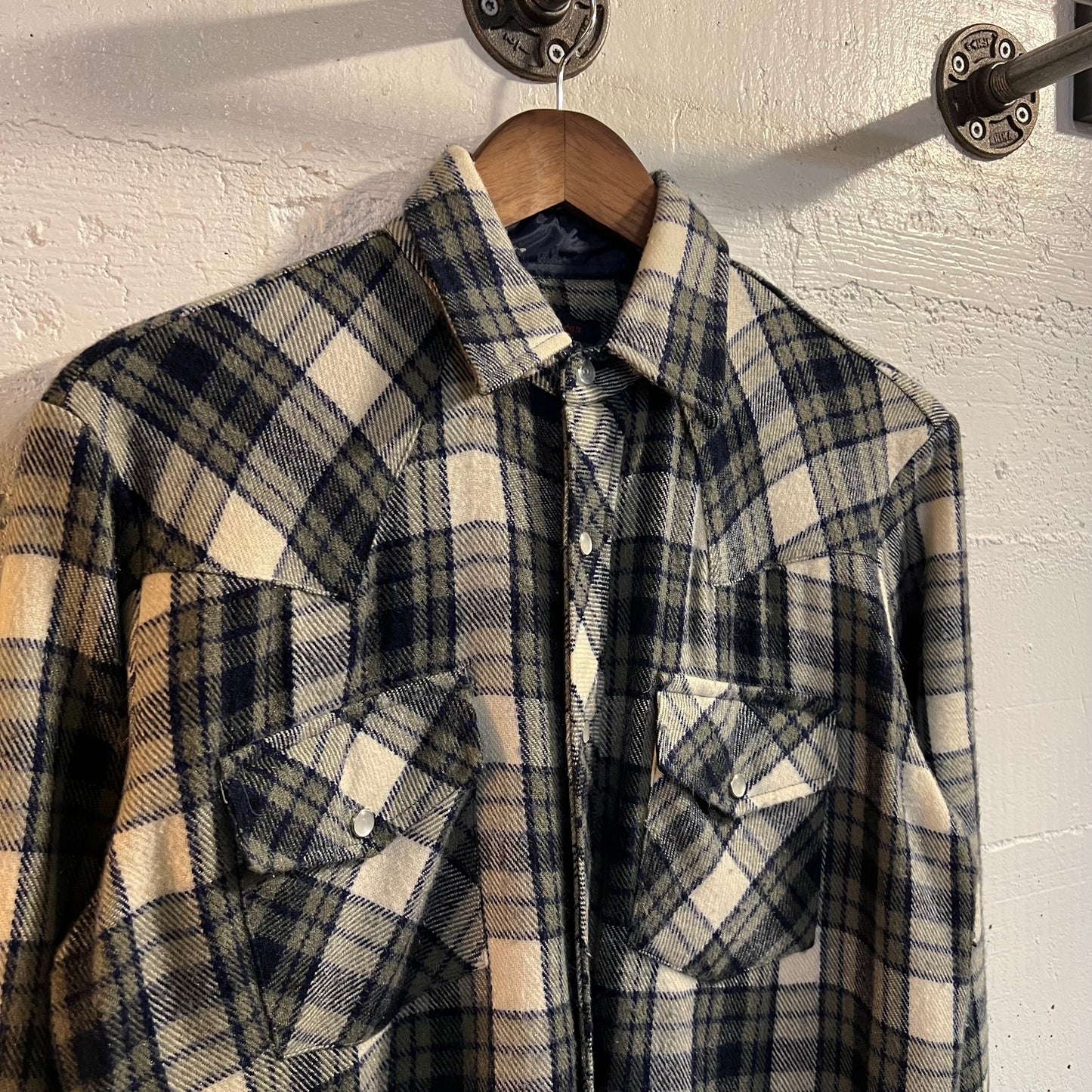 Vintage Country Touch Plaid Flannel Pearl Snap Shirt - Size Small - Navy/Gray/White