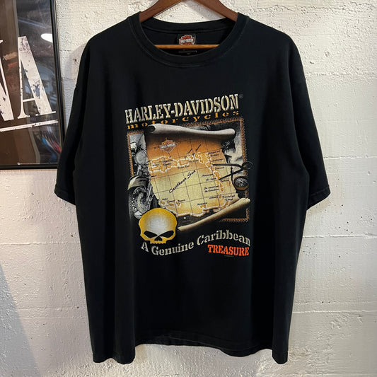 Vintage 2006 Harley Davidson Motorcycle Shop ‘Bonaire’ Treasure Hunt Graphic T-Shirt - Size XL - Black/Multi