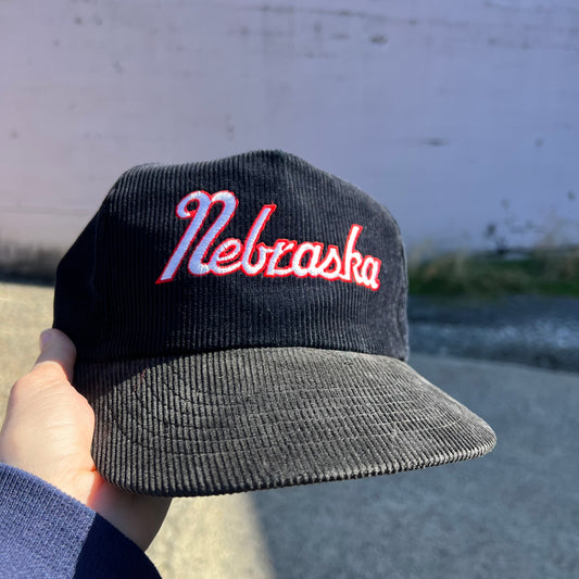 Vintage 80's University Of Nebraska Script Corduroy Snapback Hat - O/S - Embroidered - Black/Red