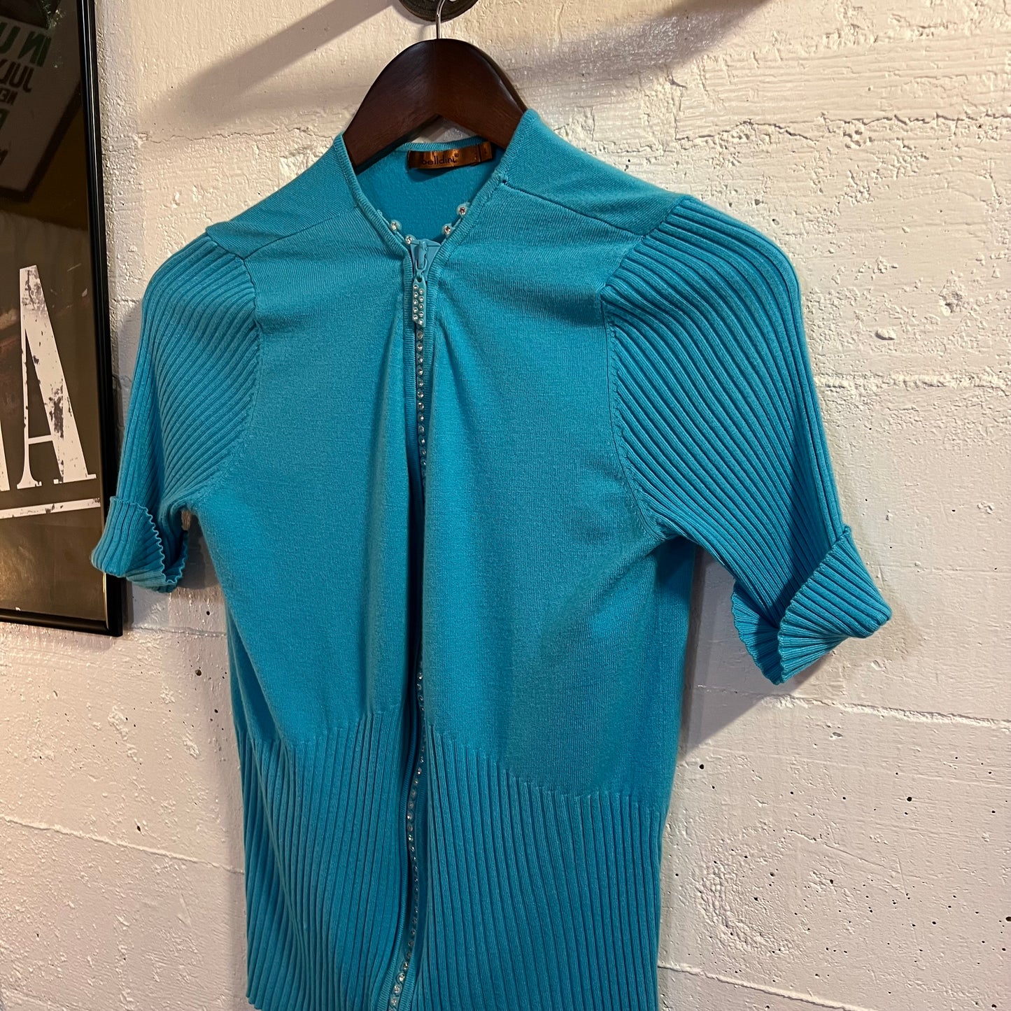 Belldini Bedazzled Zipper Short Sleeve Knitted Sweater - Size Large - Blue