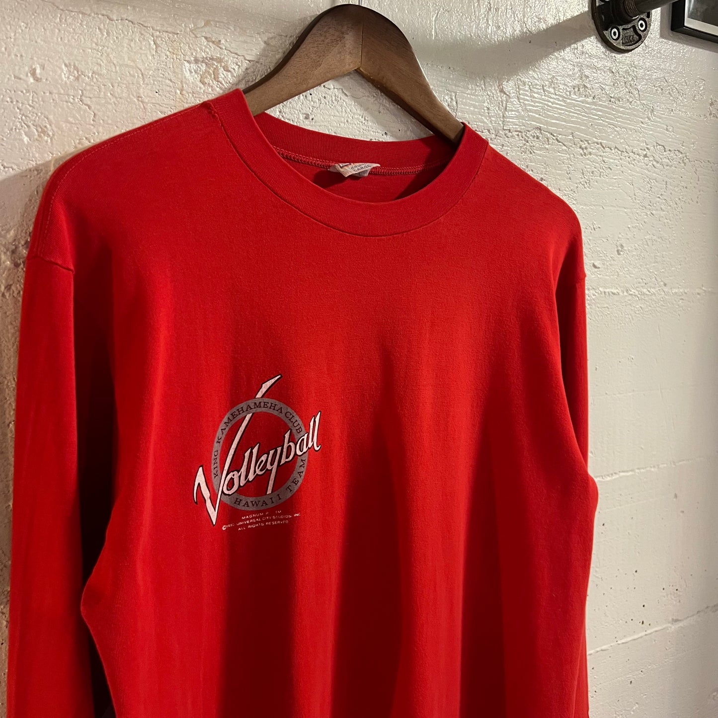 Vintage 1980's Magnum Pi 'King Kamehameha Club Volleyball Crazy Shirts Hawaii Long Sleeve Single Stitch T-Shirt - Size Large - Made In USA - Red - 100% Cotton