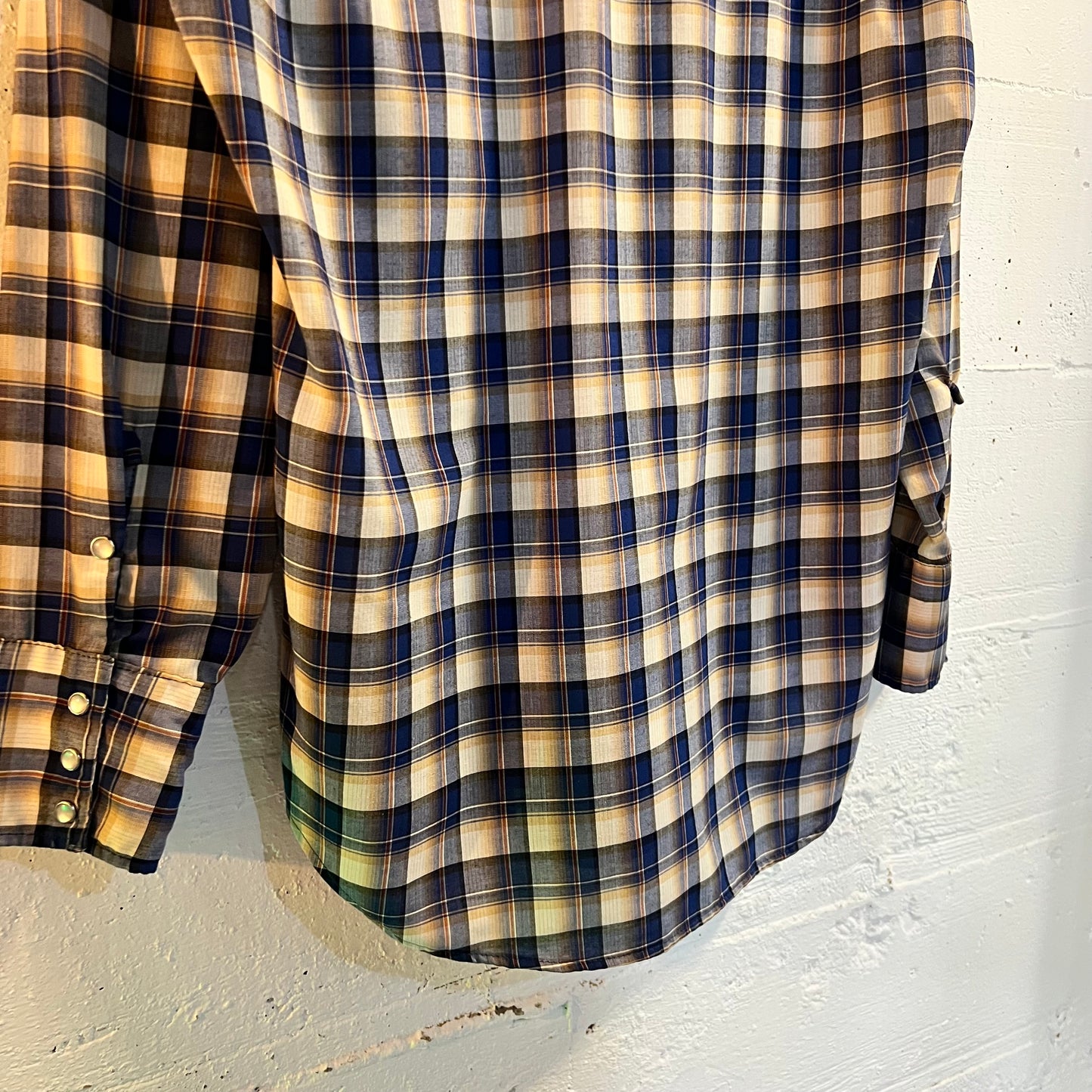 True Vintage 60's - 70's Sears Western Wear Plaid Pearl Snap Flannel - Size Medium - Made In USA - Blue/White/Yellow/Orange