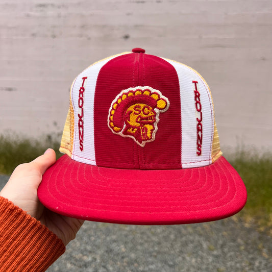 Vintage 80's USC Trojans AJD Lucky Stripes Mesh Trucker Snapback Hat - OSFA - Made In USA - Red/Gold/White