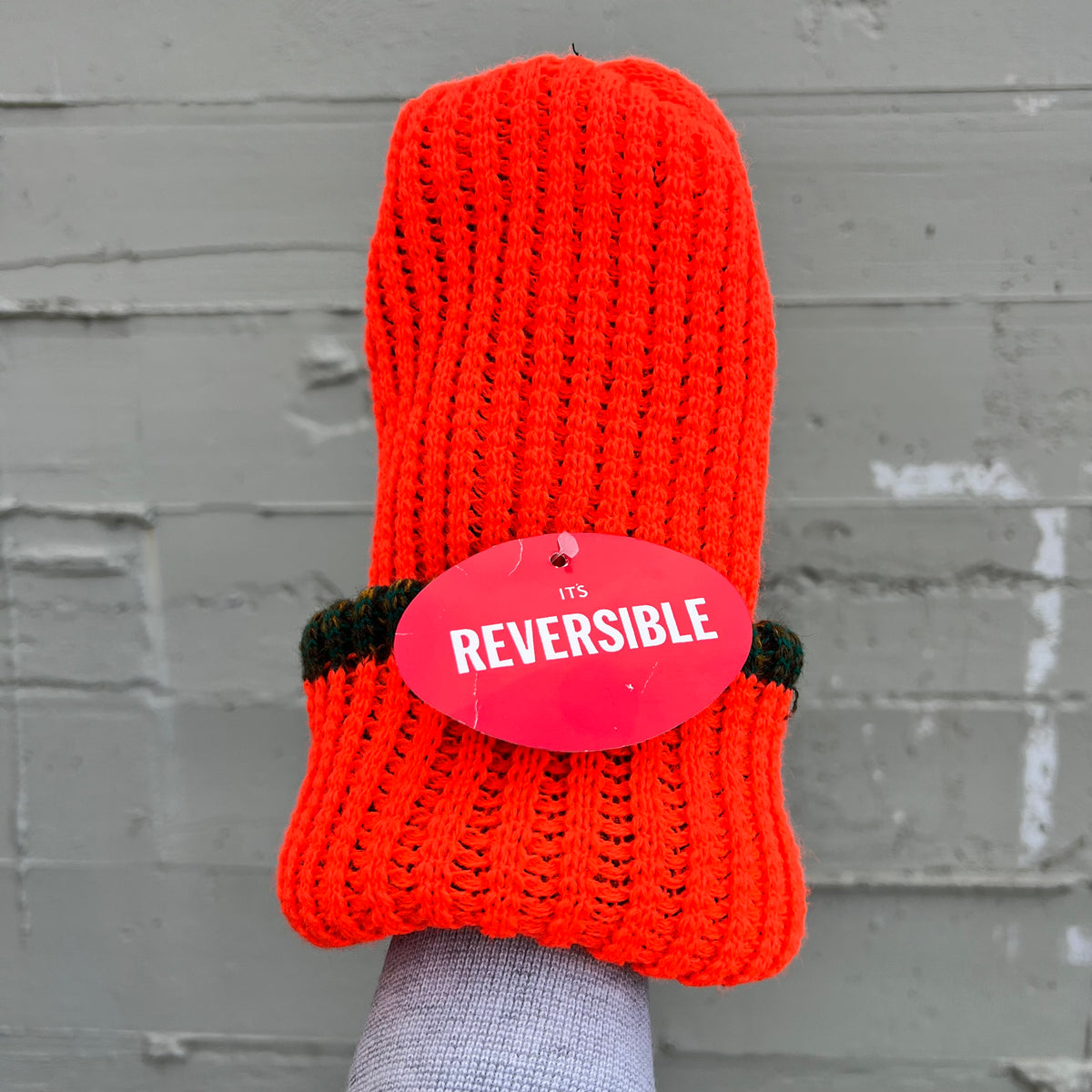 True Vintage Deadstock 1970's Marled Yarn Knit Reversible Stocking Cap Beanie - O/S - Forest Green/ Blaze Orange