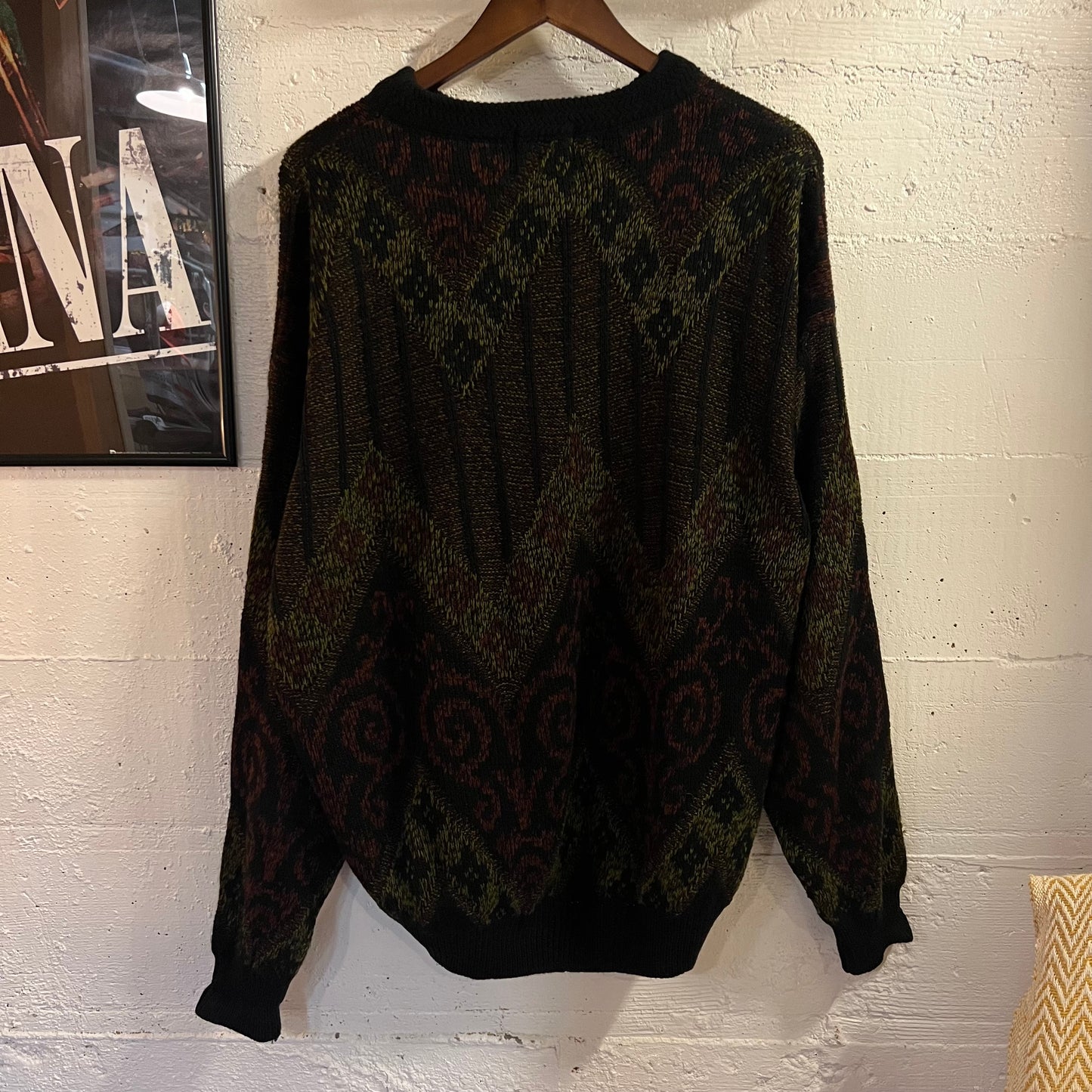 Vintage 90’s Robert Bruce Geometric Patterned Knitted Sweater - Size XL - Made In USA - Black/Red/Olive Green