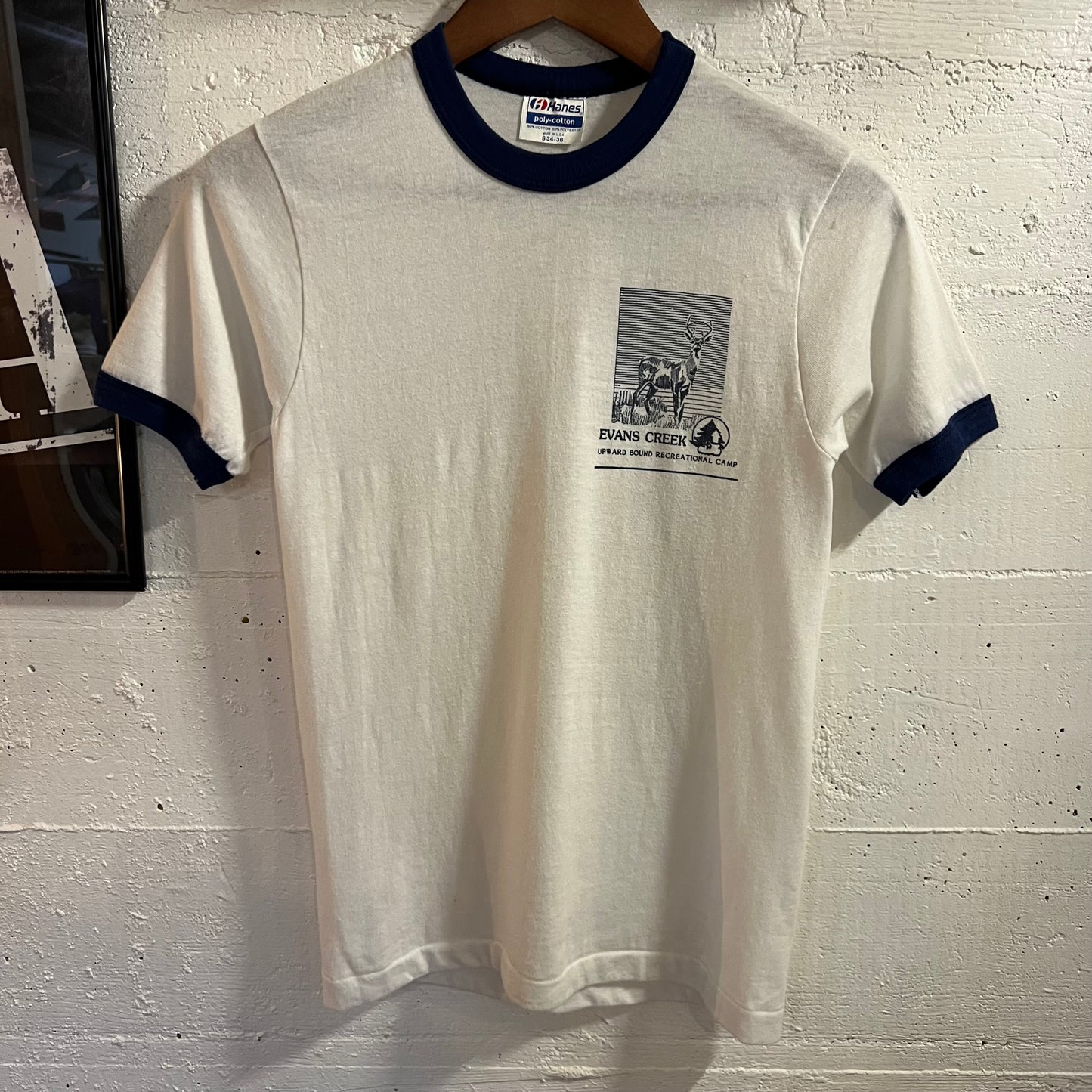 Vintage 80’s Evan’s Creek Camp Single Stitch Ringer Baby T-Shirt - Size Small - Made In USA - White/Navy