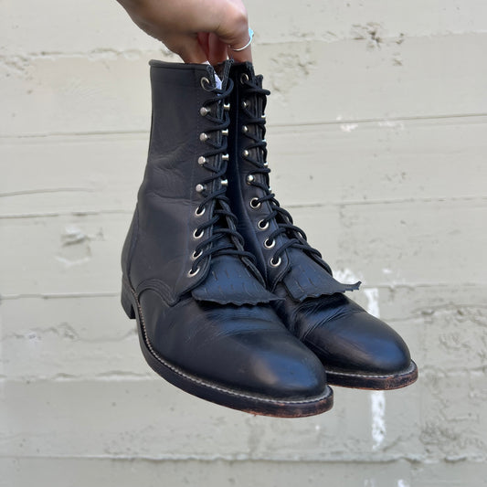 Vintage Justin's 506 McKean Lace Up Roper Kiltie Leather Boots - Size 6.5C (Narrow) - Black Leather
