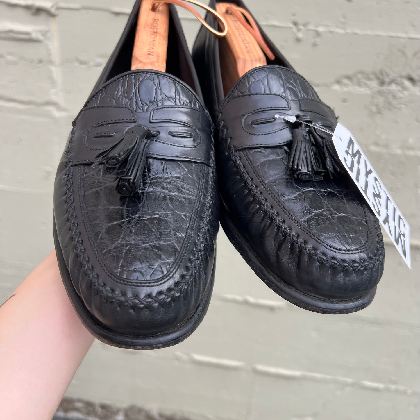 Vintage Johnston & Murphy Croc Embossed Leather Tassel Loafers - Size 10.5M - Black
