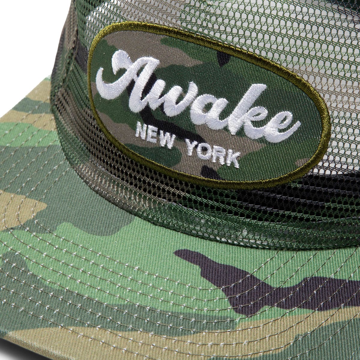 Awake NY Logo Patch Mesh Trucker Hat - O/S - Camo