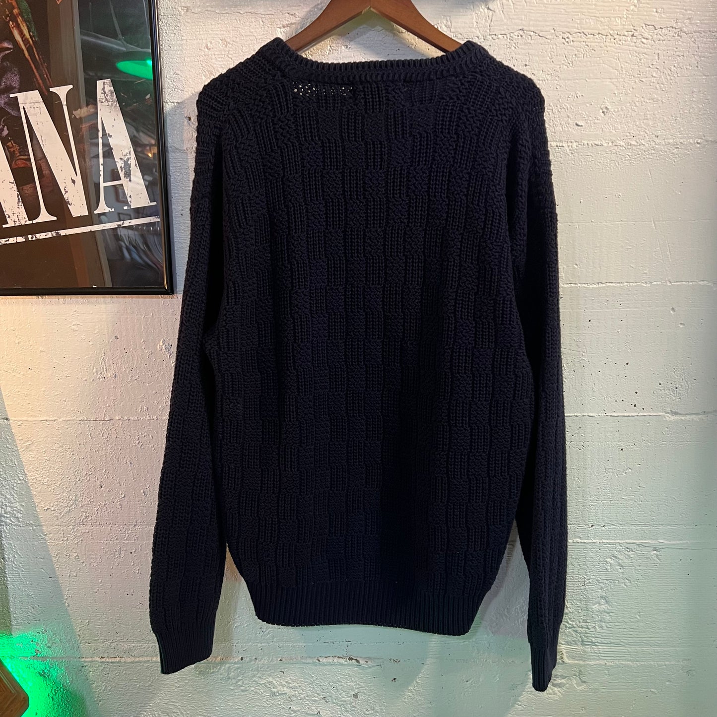 Vintage Eddie Bauer Cotton Knit V-Neck Sweater - Size Large - Navy - 100% Cotton