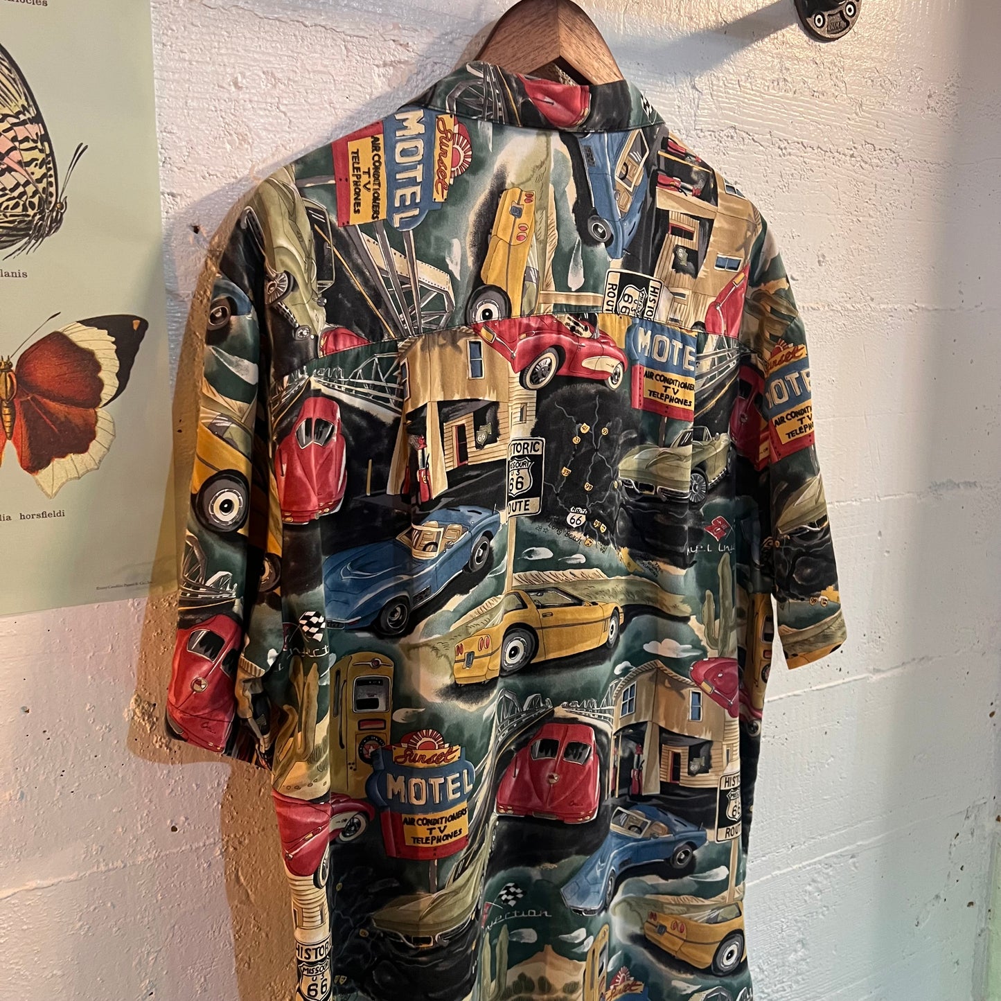 Vintage Paradise Found Corvette 'Route 66' Rayon Aloha Hawaiian Shirt - Size Large - Made In Hawaii (USA)