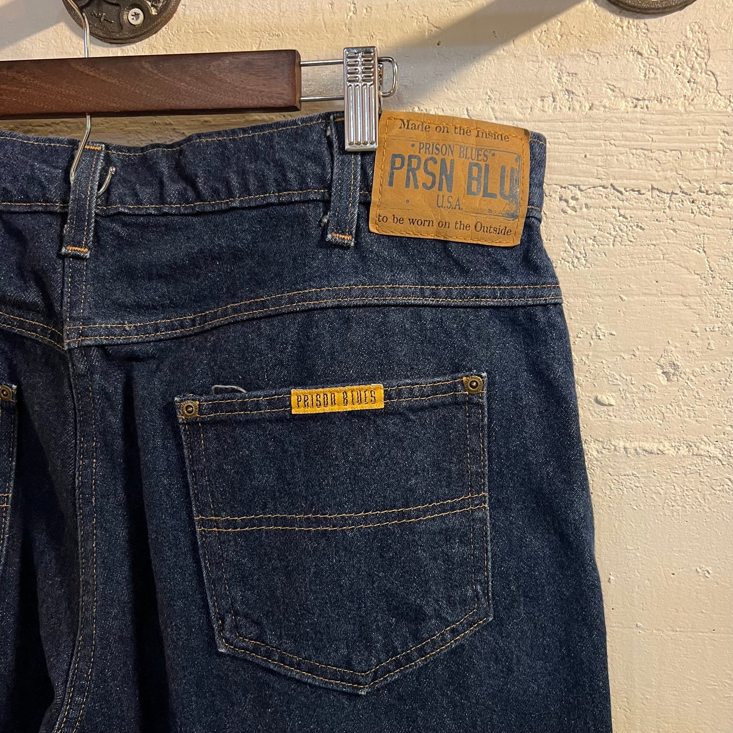 Vintage 90's Prison Blues Raw Denim Relaxed Fit Jean - Size 38" x 29" - Made In USA - Dark Raw Indigo