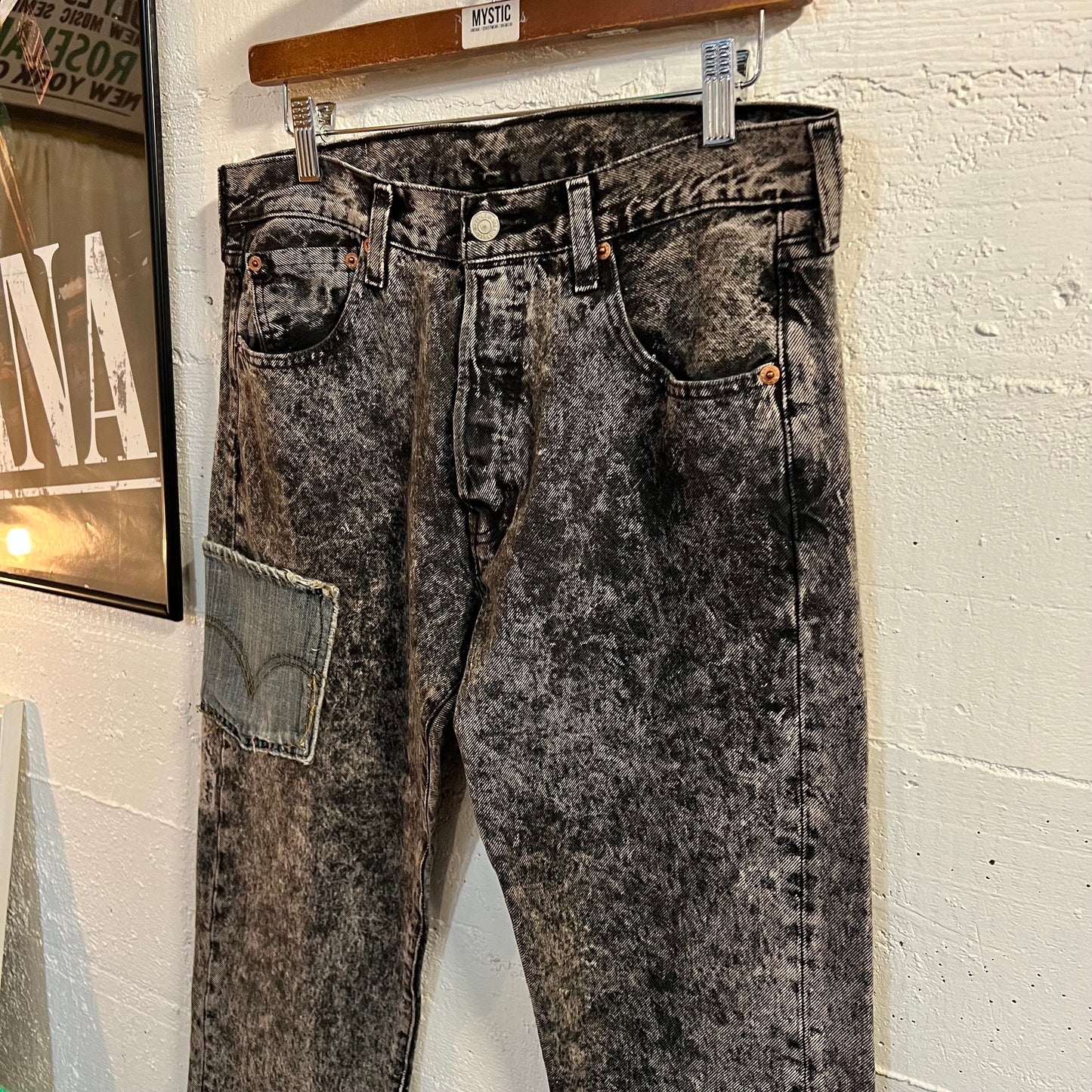 Reworked Levi's 501 Acid Wash Denim Jeans - Size 30 x 34 - Black