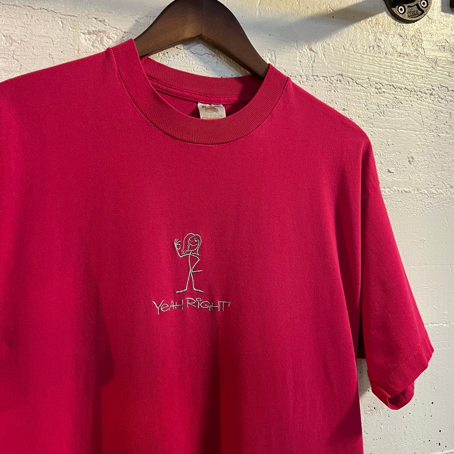 Vintage 90's Embroidered Stick World 'Yeah Right' Girl Single Stitch T-Shirt - Size XL - Made In USA - Pink/Baby Blue