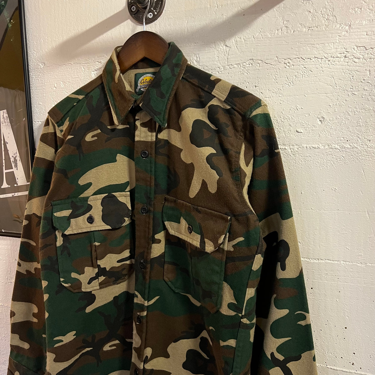 Vintage 90’s Cabela’s Woodland Camo Chamois Cloth Long Sleeve Button Up Flannel - Size Small - Made In USA - Earth Toned