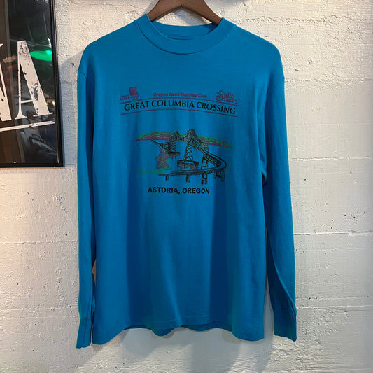 Vintage Astoria Oregon 'Great Columbia Crossing' Marathon Long Sleeve T-Shirt - Size Medium - Made In USA - Blue