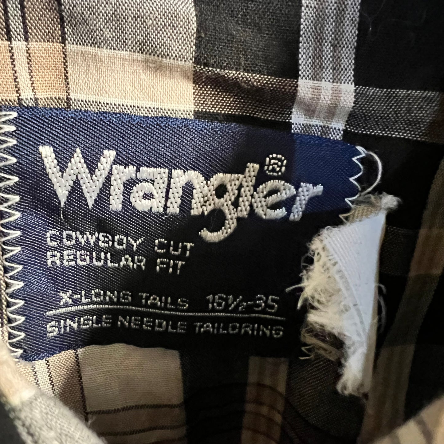 Vintage Wrangler Pearl Snap Western Long Sleeve Button Up Plaid Shirt - Size Large - Made In USA - Black/White/Tan