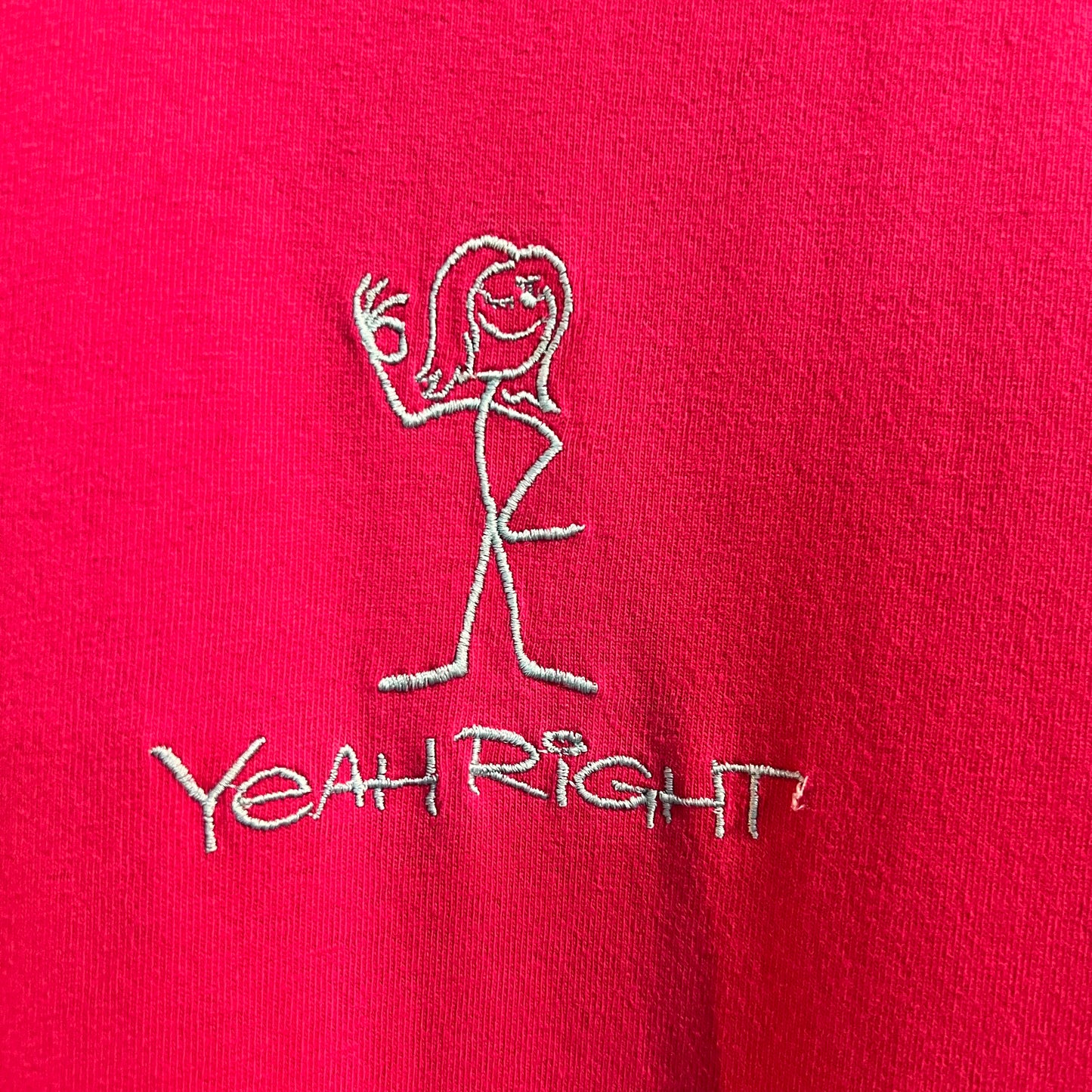 Vintage 90's Embroidered Stick World 'Yeah Right' Girl Single Stitch T-Shirt - Size XL - Made In USA - Pink/Baby Blue