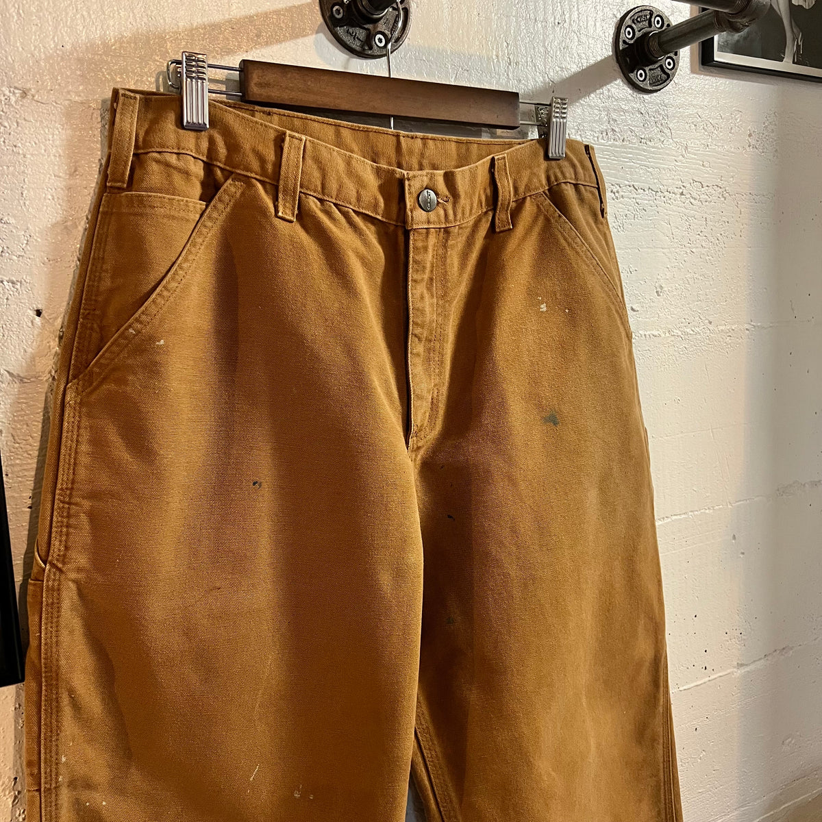 Distressed Carhartt Duck Canvas Original Dungaree Fit Carpenter Work Pants - Size 32" x 29" - 100% Cotton - Tan - B11-BRN