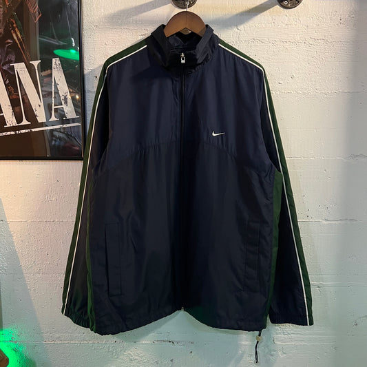 Vintage Y2K Nike Colorblocked Sleeve Piping Windbreaker Jacket - Size XL - Navy/Green