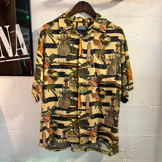 Vintage Joe Kealoha Hula Girl Surfer Rayon Aloha Shirt - Size Medium - Made In USA - 100% Rayon