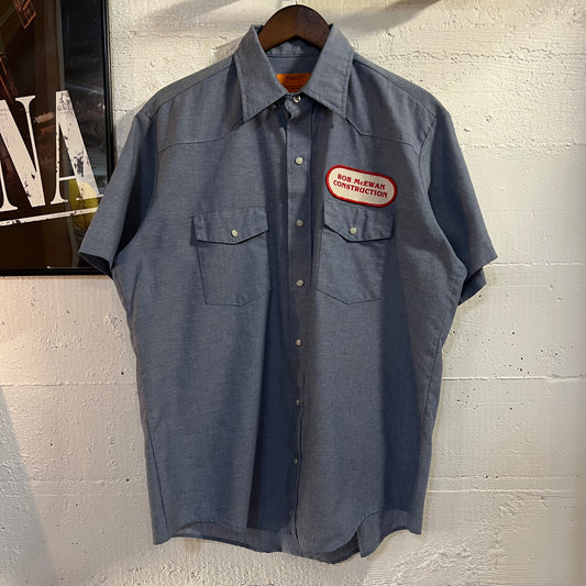 Vintage 70's/80's Red Kap Short Sleeve Chambray Western Yoke Pearl Snap Work Shirt - Size Large - Made In USA - Light Blue