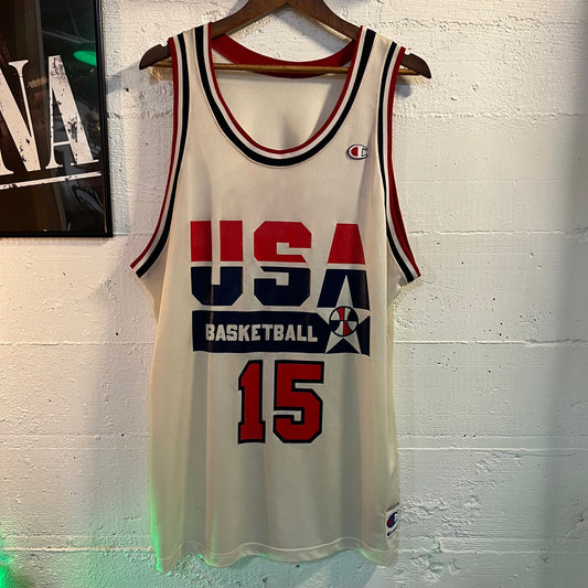 Vintage 1992 Champion Team USA Dream Team 'Magic Johnson' #15 European Release Basketball Jersey - Size XL - Made In USA - Red/White/Blue