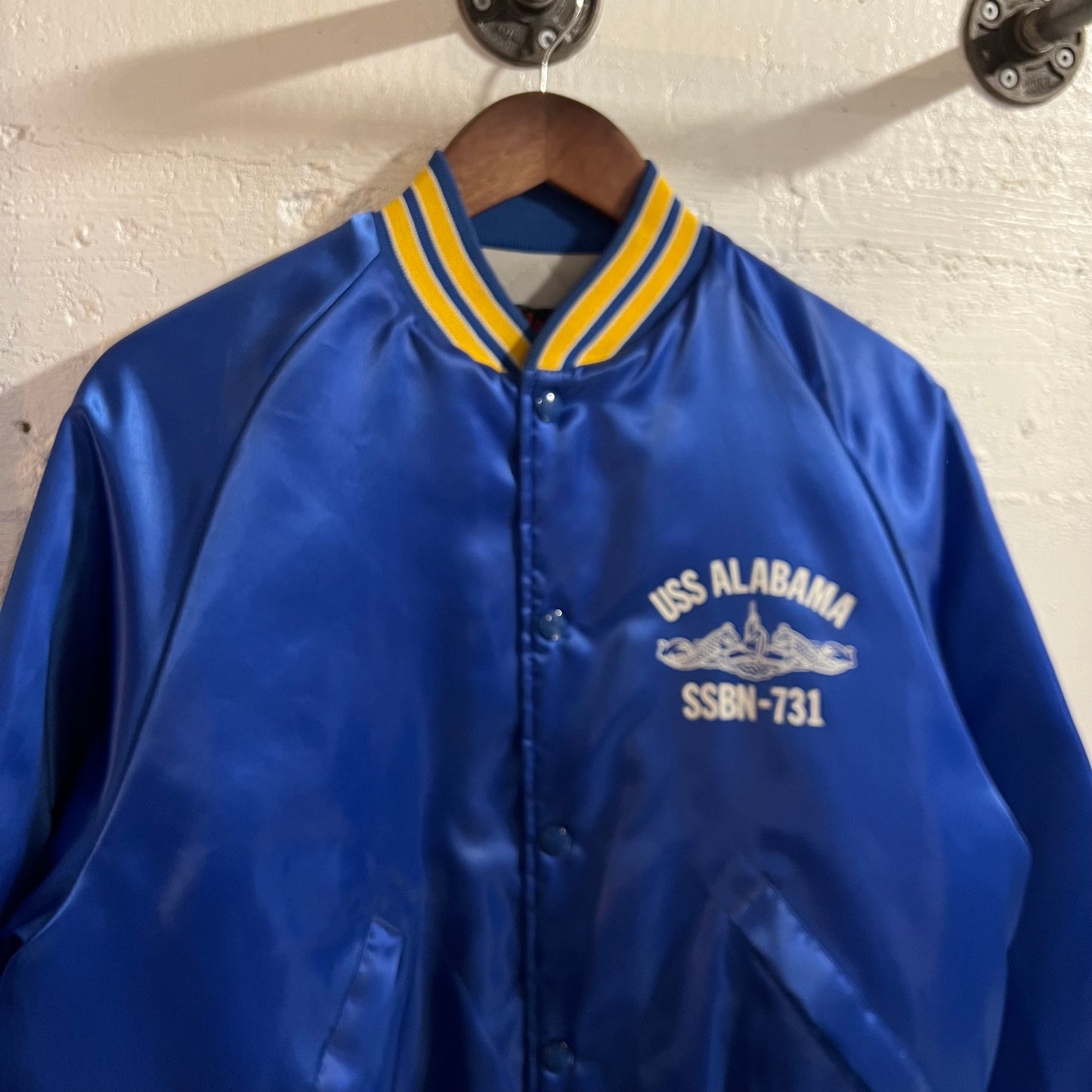 Vintage 1980's USS Alabama SSBN-731 Pla-Jac By Dunbrooke Satin Bomber Jacket - Size 40 (M) - Made In USA - Blue/Yellow
